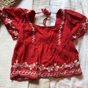 Old Navy Flutter-Sleeve Smocked Embroidery Swing Blouse, Size Petite Large, Red